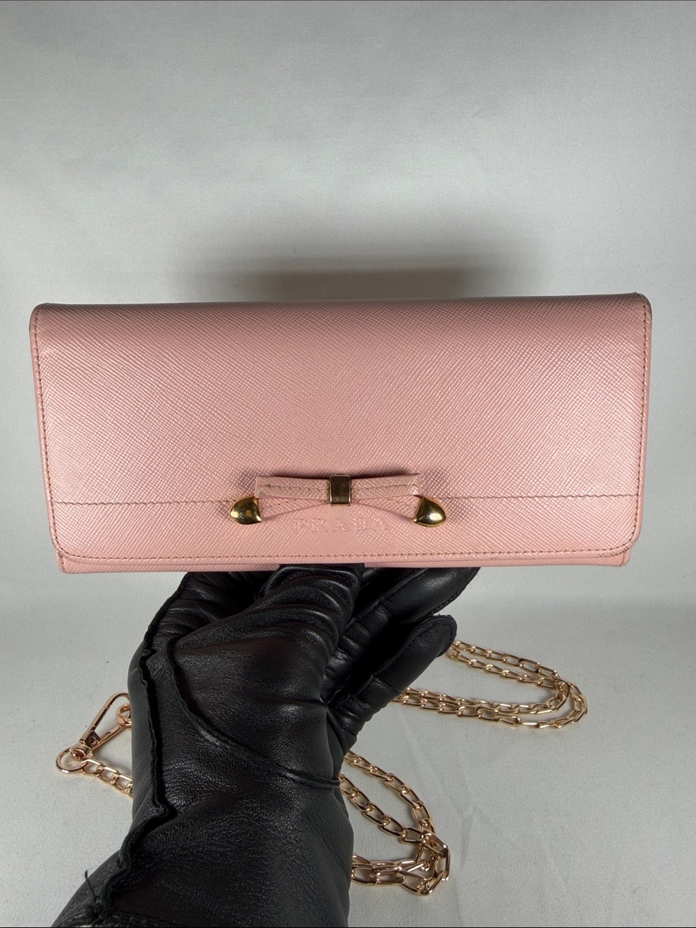 Authentic Prada Pink Bow-Detail Wallet with chain